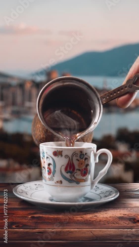 Serving traditional Turkish coffee with Bodrum Castle and marina view