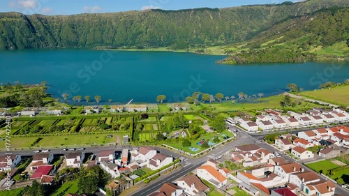 Aerial perspective of Lagoa Azul crater lake and surrounding volcanic ridges, Sete Cidades, Portugal