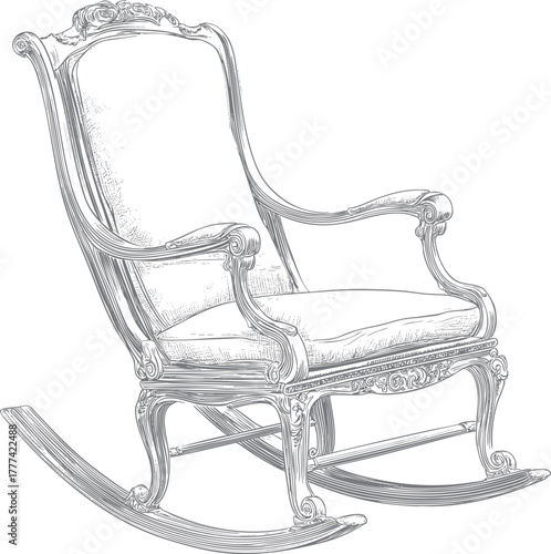 Vintage engraving-style rocking chair with ornate details in soft beige, warm ivory, charcoal