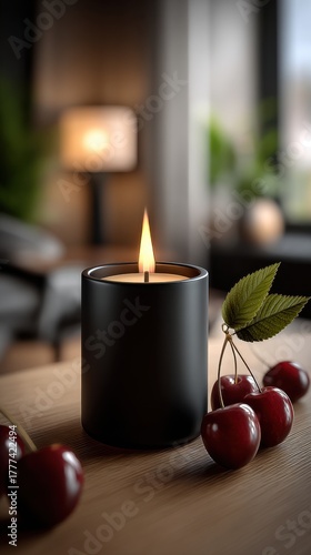 Elegant Black Candle with Cherry Accents and Soft Glow in Modern Living Room