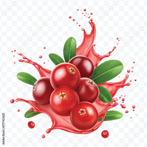 realistic cranberry  fruits with red liquid juice splash in different style isolated on transparent background