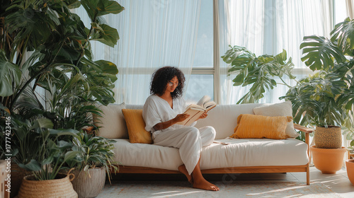 Relaxed lifestyle moment of young woman reading book near green plants — perfect for calm home living concepts.