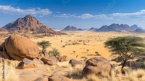 Granite peaks and acacia trees rise above the golden sands of the Hoggar Mountains in southern Algeria