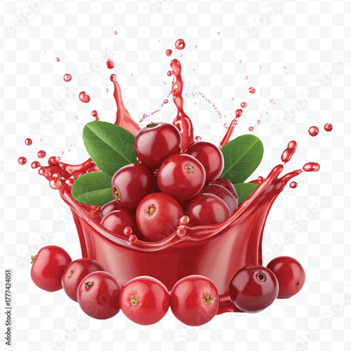 realistic cranberry  fruits with red liquid juice splash in different style isolated on transparent background