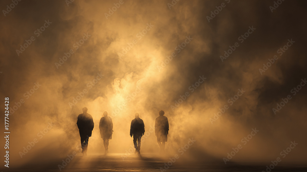Naklejka premium Four figures walk into a world enveloped by dense fog, creating a mysterious and enigmatic atmosphere