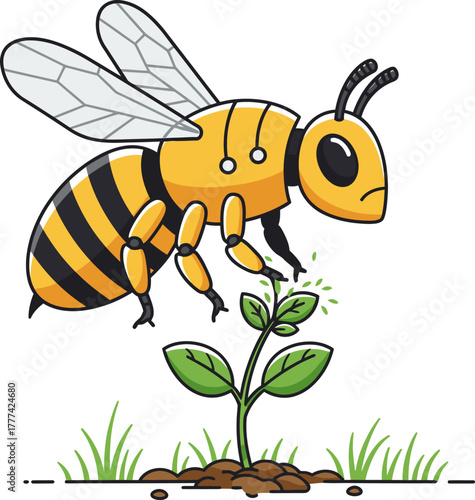 A cartoon illustration of a robotic bee with a serious expression hovering over a small green plant with leaves and roots in soil.