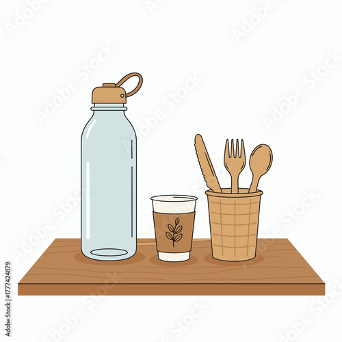 Illustration of eco-friendly reusable items like a water bottle, a plant-based coffee cup, and wooden cutlery on a wooden shelf, promoting sustainable living.