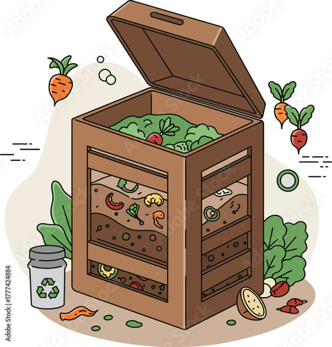 A detailed illustration of a multi-layered wooden compost bin showing organic waste decomposition, surrounded by fresh vegetables and a recycling jar.