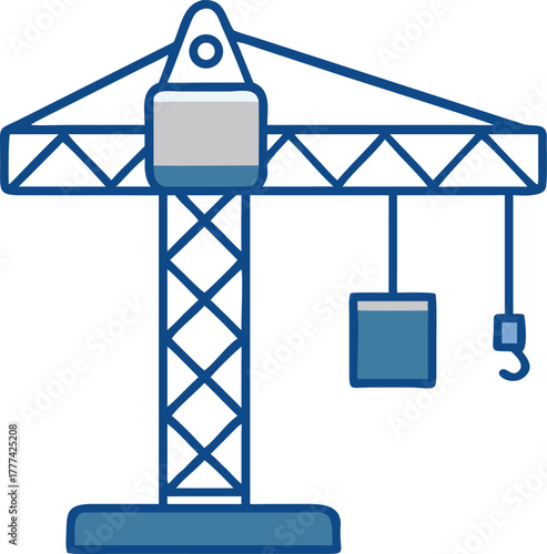 Blue tower crane lifting a blue box with a hook building construction
