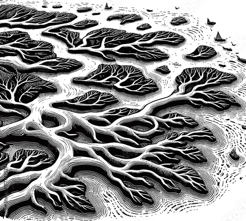 An abstract aerial view in black and white depicts a complex network of a river delta. The intricate patterns resemble organic branching structures, creating a visually engaging texture.