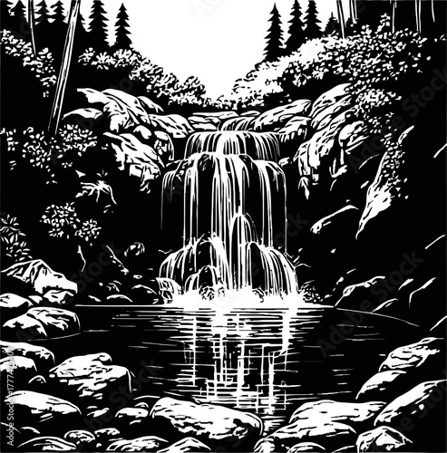 A black and white illustration of a cascading waterfall surrounded by dense forest and rocky terrain. The water flows into a reflective pool, creating a serene natural scene.