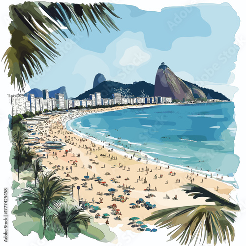 Copacabana Beach. Copacabana Beach hand drawn watercolor illustration