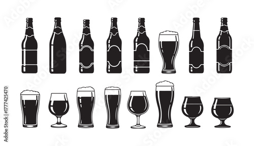 Set of beer bottle and glass icons, black silhouette. Vector illustration