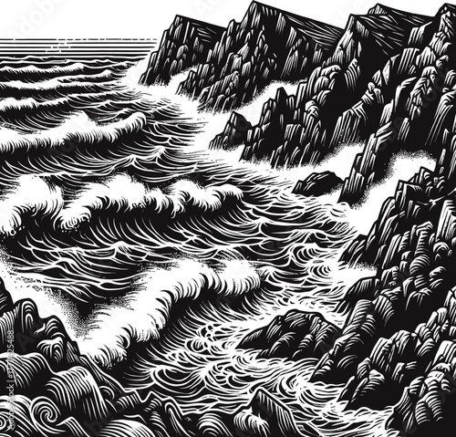A dramatic black and white engraving depicts powerful waves crashing against a rugged, rocky coastline, showcasing the raw energy of the ocean.