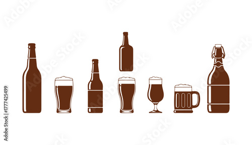 Collection of beer bottle and glass icons, silhouette style. Vector illustration