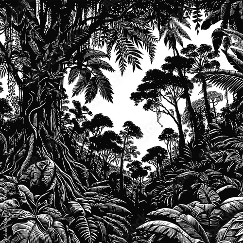 A dense black and white illustration of a jungle canopy. Lush foliage and silhouetted trees create a dramatic contrast, evoking a sense of mystery and untamed wilderness.
