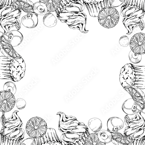 Cupcake topped with whole cherry, muffin with mousse swirl, orange slice garnish in vector ink. Hand drawn isolated border design. Festive food label frames, recipe card borders, packaging elements.