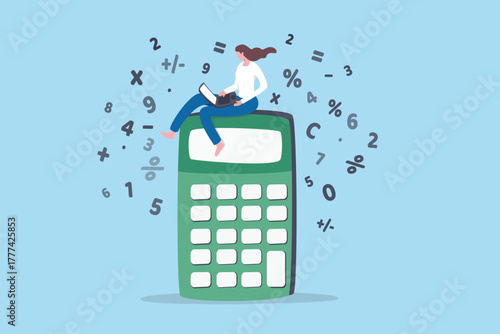 Calculating math, accounting or tax investment, financial audit, budget analysis, profit and loss, expense or forecast report, businesswoman doing math on computer with calculator and math numbers.