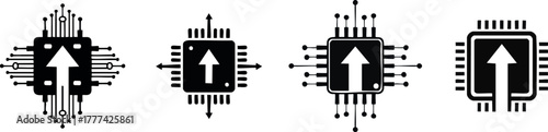 Technology Benefits. Four stylized microchip designs featuring upward arrows, symbolizing technological advancement and connectivity in a sleek black-and-white format.