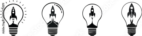 A series of stylized light bulbs featuring rockets, symbolizing innovation, creativity, and the concept of bright ideas taking flight.