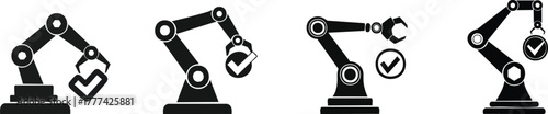 Technology Benefits. Four robotic arms performing various tasks, depicted in a simplistic, monochrome style with check marks indicating successful actions.