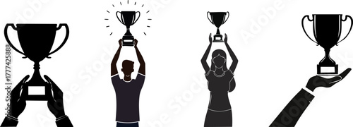 A collection of silhouettes celebrating victory by holding trophies aloft, symbolizing achievement and success in various contexts.