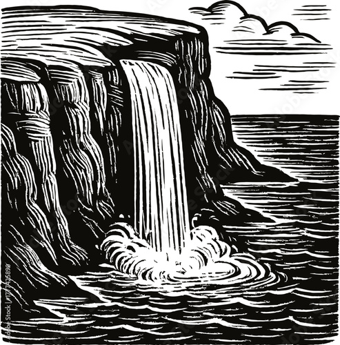 A dramatic waterfall tumbles over a rugged cliff face into the churning sea below. This woodcut-style illustration captures the raw power and motion of nature with bold lines and high contrast.