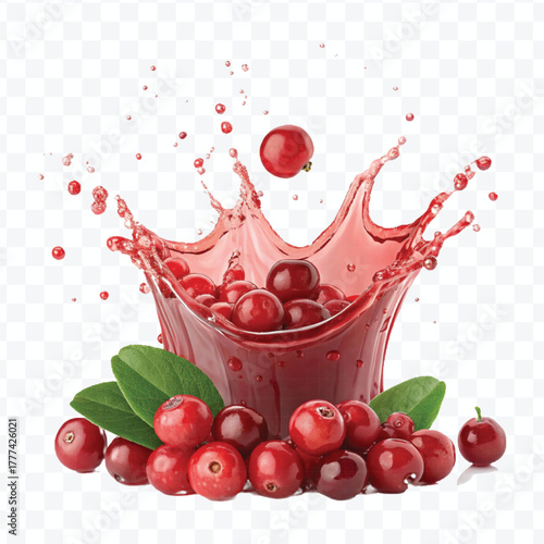 realistic cranberry  fruits with red liquid juice splash in different style isolated on transparent background