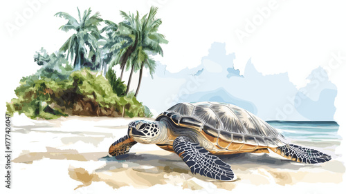 Hattes Beach - Turtle nesting. Hattes Beach - Turtle nesting hand drawn watercolor illustration