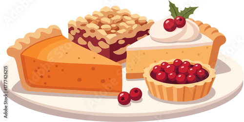 Thanksgiving dessert vector illustration showing pumpkin pie, cheesecake, and cranberry tart on white plate with creamy topping