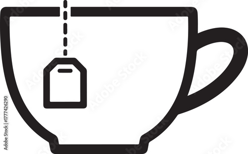Teacup with tea bag on saucer outline vector icon illustration