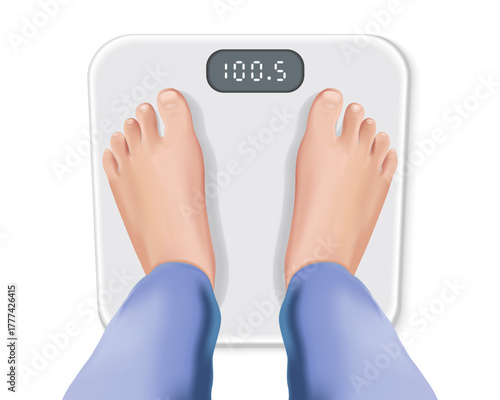 Body weight monitoring. Close-up of a person's feet on a bathroom scale.