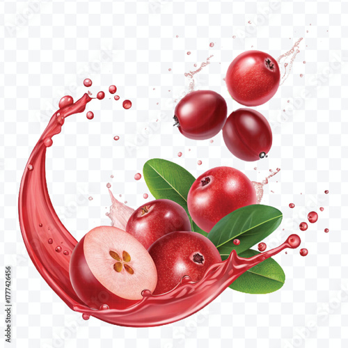 realistic cranberry  fruits with red liquid juice splash in different style isolated on transparent background
