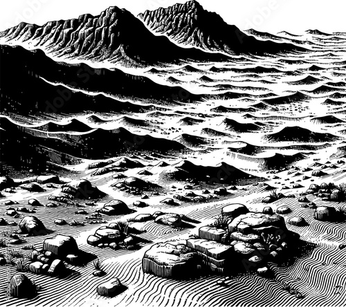 Stylized Mountain Range and Rocky Terrain in Black and White