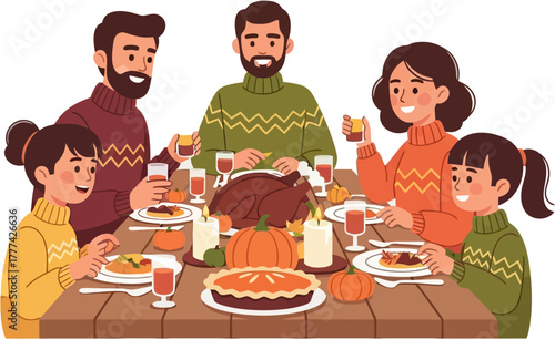 Family thanksgiving dinner vector illustration with parents and children sitting together enjoying festive meal with warm smiles