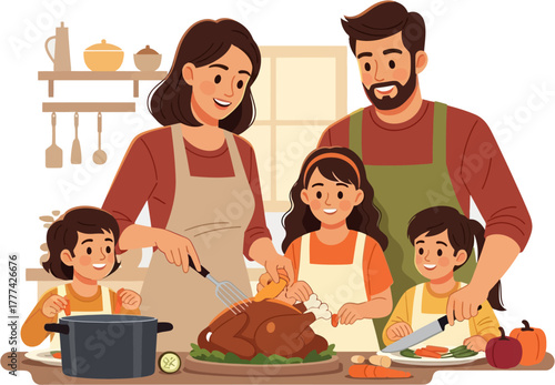 Thanksgiving family cooking vector illustration showing parents and children preparing roasted turkey in warm festive kitchen