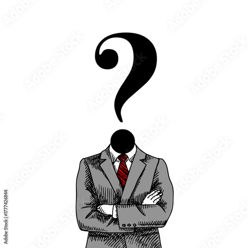 Art modern collage of sketch businessmen with head-question. Communication, HR, marketing, PR, education, e-learning, customer support, media concept. Hand drawn isolated vector illustration.