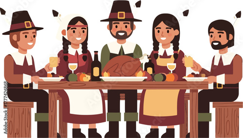 Thanksgiving dinner vector illustration showing happy family sitting at table with roasted turkey and festive wine glasses
