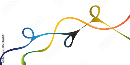 An abstract, energetic composition of multiple intertwining, continuous, fluid lines forming graceful waves, loops, and sharp stylized points; each line features a smooth, vibrant color gradient (deep