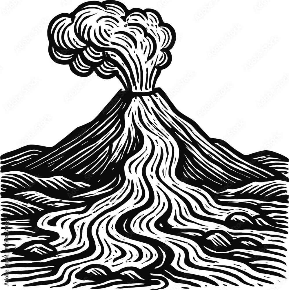 Obraz premium A black and white woodcut-style illustration of a volcano erupting. Smoke billows from the summit as molten lava flows down its slopes, carving a path through the rugged terrain.