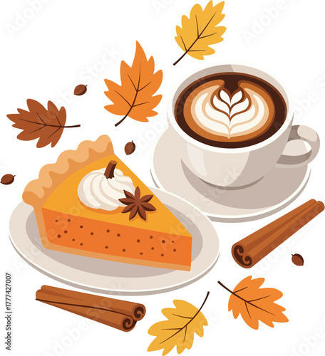 Pumpkin pie and latte vector illustration with whipped cream, cinnamon, and autumn leaves — cozy dessert and drink scene