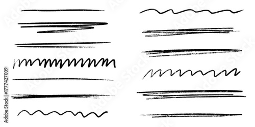 Black underline chalk brush strokes with pencil line crayon texture for handdrawn designs and markings. Rough wavy zigzag patterns or straight horizontal elements. Artistic sketch isolated on white.