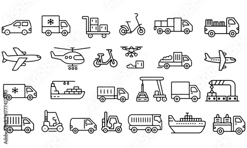 Freight and Delivery Vehicle Outline Icons | Thin Line Vector Symbols of Transport and Warehouse Equipment