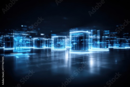Deep in cyberspace infinite rows of servers synchronize optimization monitoring and recovery processes to eradicate database problem and sustain continuous connectivity