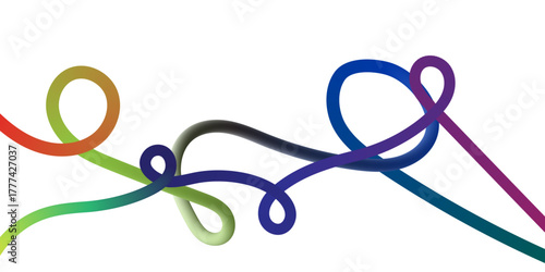 An abstract, dynamic composition of multiple intertwining, continuous, thick, fluid lines forming graceful loops and sweeping curves; each line features a smooth, vibrant color gradient