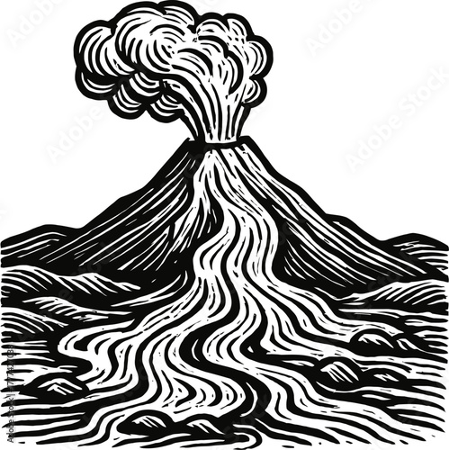 A black and white woodcut-style illustration of a volcano erupting. Smoke billows from the summit as molten lava flows down its slopes, carving a path through the rugged terrain.