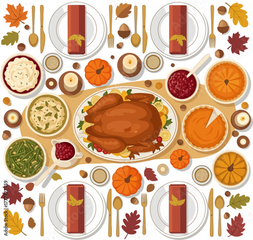 Thanksgiving dinner table vector illustration featuring roasted turkey, mashed potatoes, pie, vegetables, and seasonal dishes viewed from top