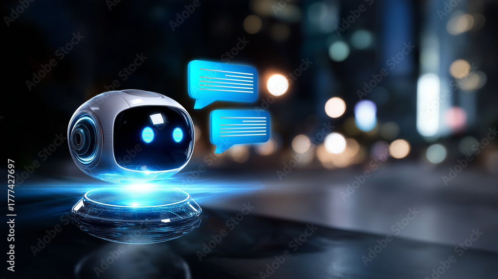 Naklejka premium Intelligent chatbot interface offering automated help and quick answers through machine learning technology, with copy space