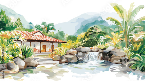 Papallacta Hot Springs. Papallacta Hot Springs hand drawn watercolor illustration