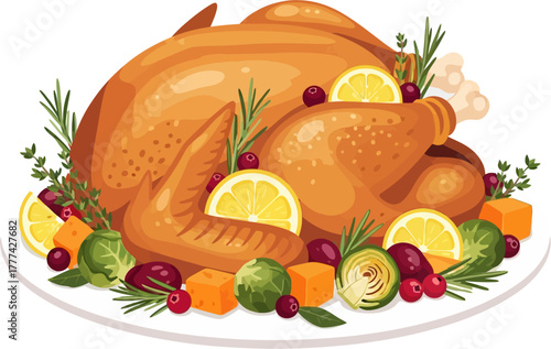 Roasted Thanksgiving turkey vector illustration with lemon slices, rosemary, and cranberries — festive golden holiday dinner meal